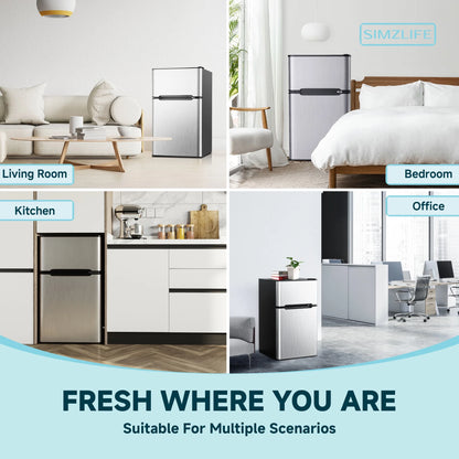 Simzlife 3.2 Cu ft Two Door Mini Refrigerator with Freezer, Compact Small Fridge Adjustable Removable Shelves, Sliver