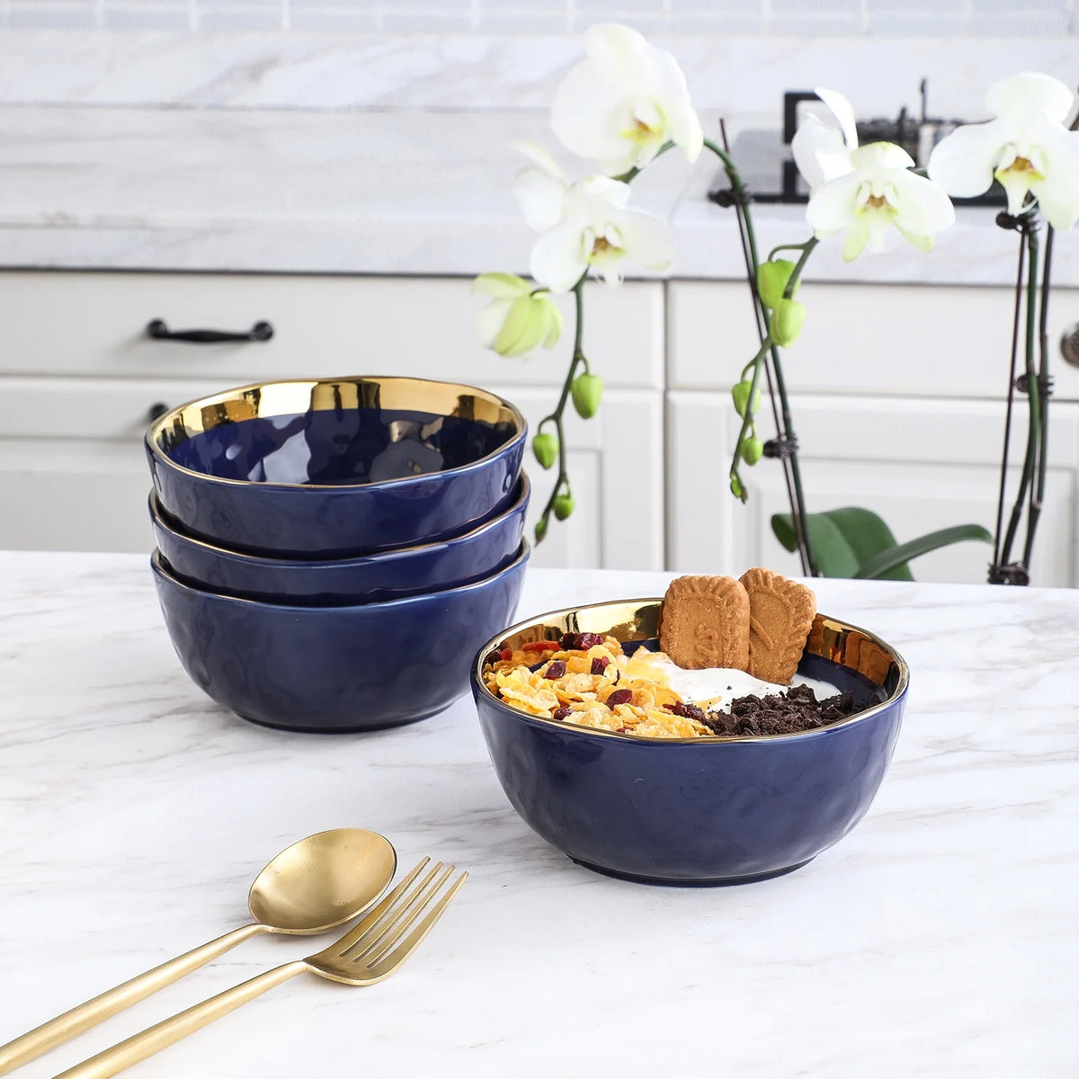 Stone Lain Florian Modern Porcelain Dish Set, 16-Piece Dishes for 4, Gold and Navy