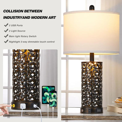 Cinkeda Table Lamp Set of 2 for Living Room Bedroom with USB Ports AC Outlet 3 Way Dimmable Touch Nightlight Farmhouse White Floral Nightstand Bedside Lamps