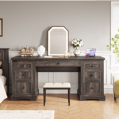 EnHomee Farmhouse Desk with Drawers, Wood Home Office Desk with Charging Station, Antique White