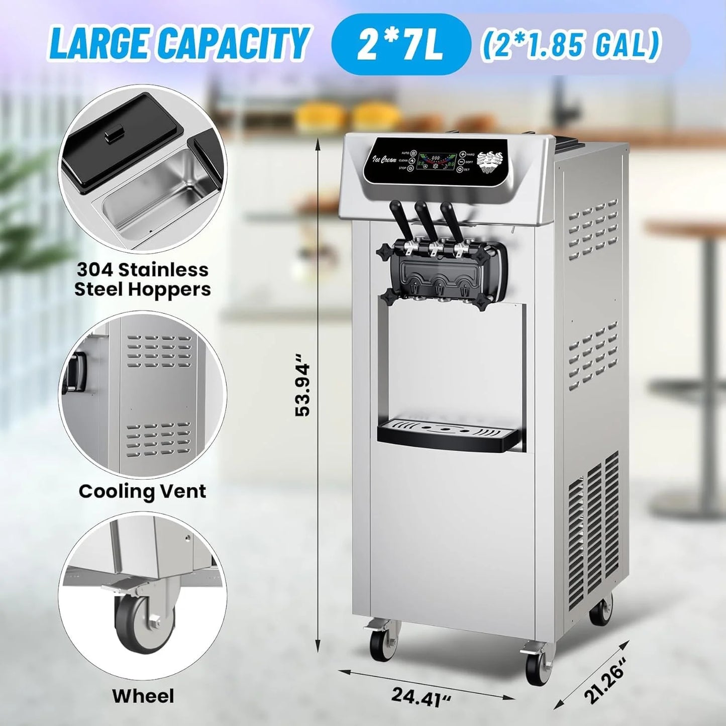 Commercial Ice Cream Maker, 3 Flavors, 20-28L/H Yield, LCD Panel, Auto Clean, 2200W Countertop Soft Serve Machine w/ 2x7L Hopper, Frozen Yogurt Maker for Restaurant Snack Bar