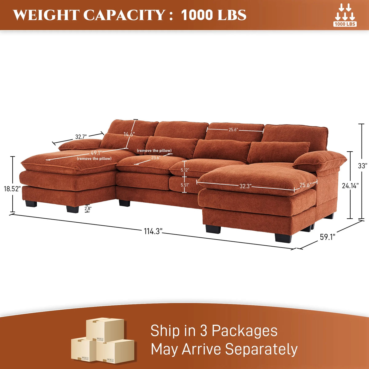 Rophefx 114.3" U Shaped Sectional Couches for Living Room,Cloud Couch,4 Seats Chenille Couch with Double Layer Cushion,Orange