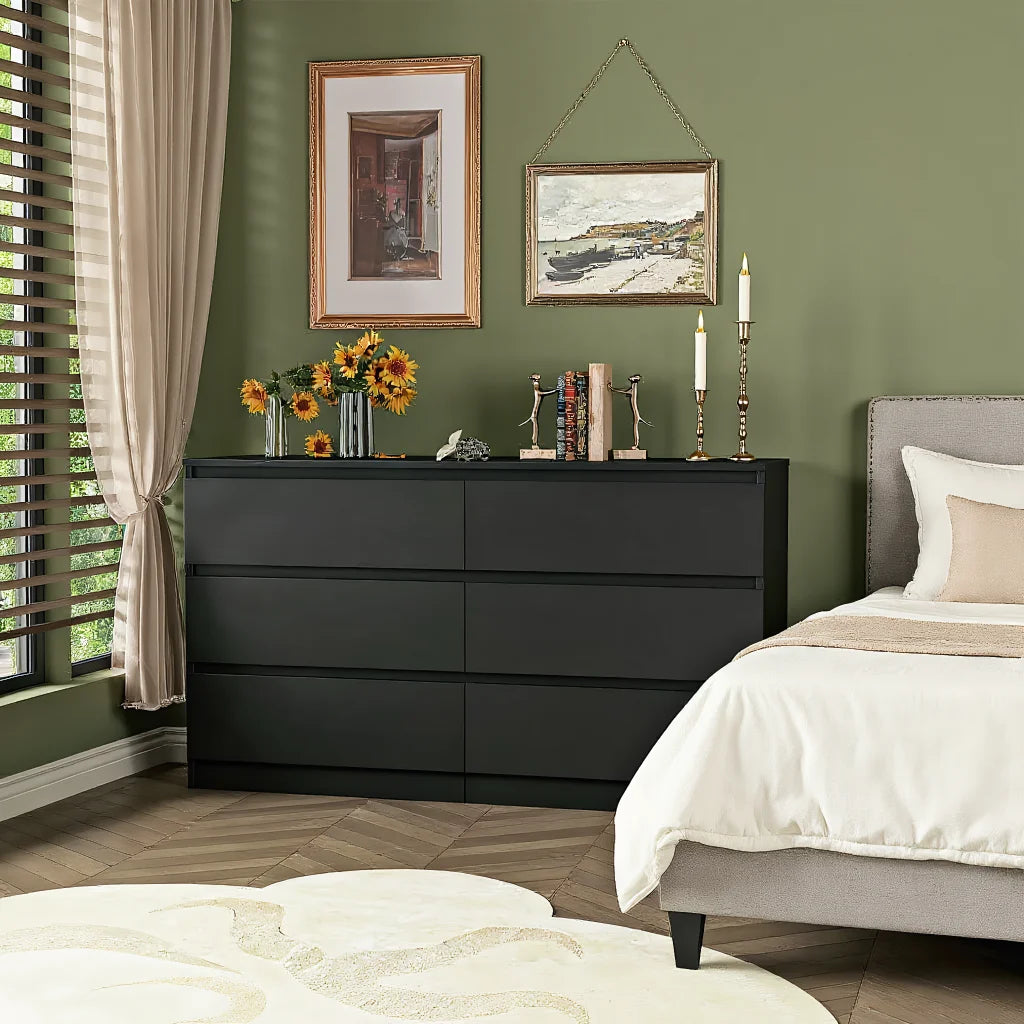 Kadyn Modern 6 Drawer Dresser Wood Cabinet,Dresser for Bedroom, Kitchen Storage Cabinet with Drawers, Chest of Drawers(Black)