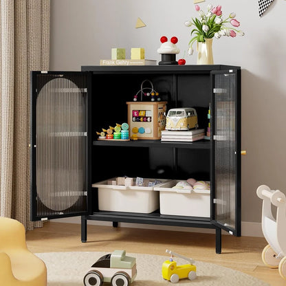 Small 2 Transparent Door Metal Storage Side Buffet Cabinet for Bed Room,Living Room,Entryway,Hallway,Home,Hotel,Office,Garage,Kitchen,1 Removable Shelf.