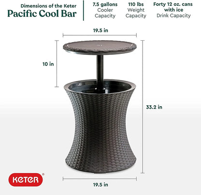 Keter Pacific 7.5 Gallon Cool Bar , Resin Outdoor Patio Beverage Cooler Table, Extra Storage, Rattan Look Brown