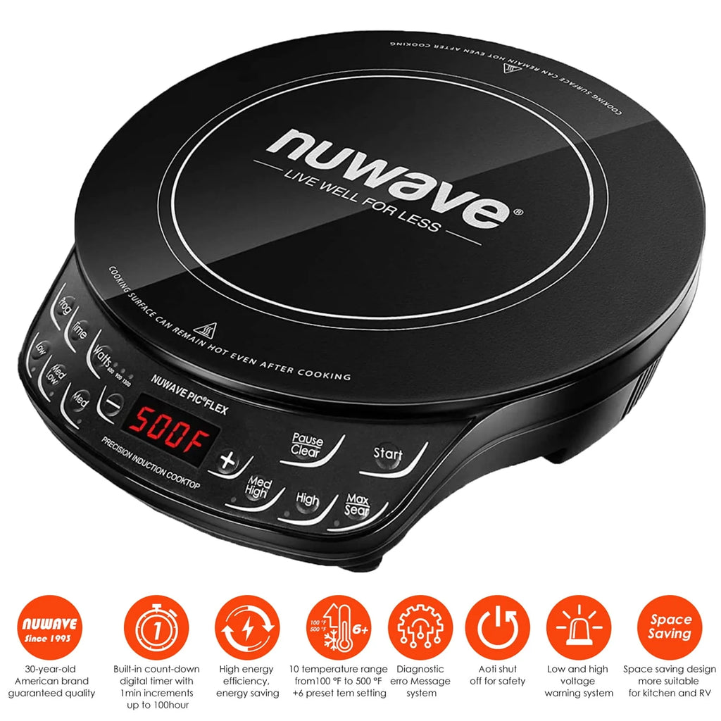 NuWave Portable Induction Cooktop Flex with 10.25-inch Shatter-Proof Ceramic Glass, Large 6.5-inch Heating Coil, 3 Wattage Settings 600, 900 & 1300 Watts