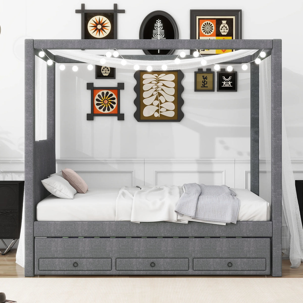 Harper & Bright Designs Twin Size Upholstery Canopy Platform Bed with Trundle and 3 Storage Drawers, Captain Platform Bed Frame with 4-Poster Canopy Roof, Beige