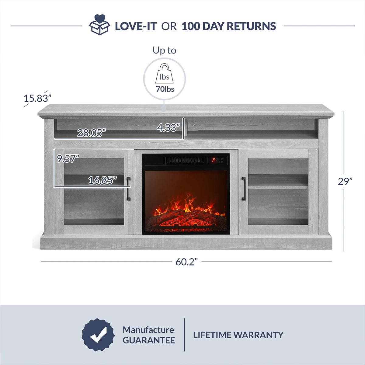 BELLEZE 60" TV Stand with 18" Electric Fireplace, Traditional TV Stand for TVs up to 65", Modern Media Entertainment Center Console Table with Open Storage Shelves & Cabinets - Cayman (Rustic Grey)