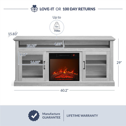 BELLEZE 60" TV Stand with 18" Electric Fireplace, Traditional TV Stand for TVs up to 65", Modern Media Entertainment Center Console Table with Open Storage Shelves & Cabinets - Cayman (Rustic Grey)