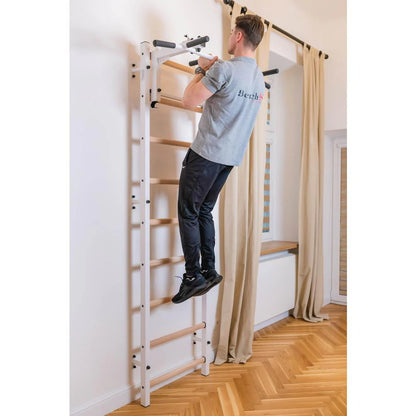 BenchK 733 White Wall bars with convertible steel 6-grip pull-up bar that can also be used as a barbell holder, dip bar with back support and advanced workout bench