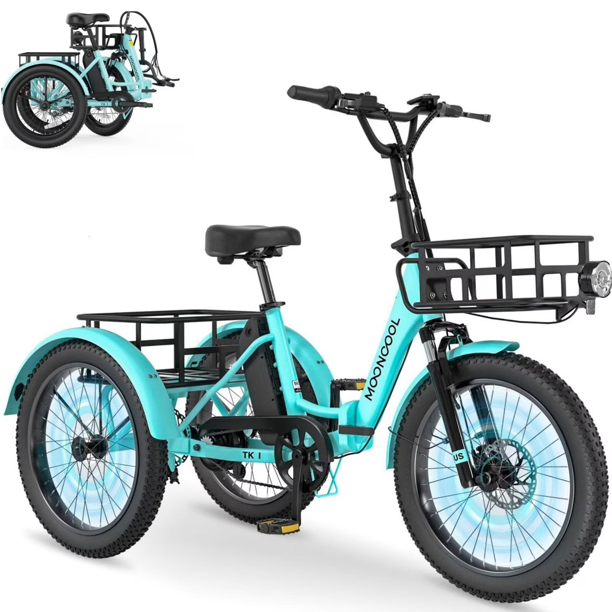 MOONCOOL TK1 Folding Electric Tricycle for Adults,48V 14.5Ah Removable battery, 500W（Peak 1000w）Motor, 20" Fat Tire Step-Thru 3Wheel Electric Bicycle w/Front&Rear Baskets, Certified to UL 2849 by SGS