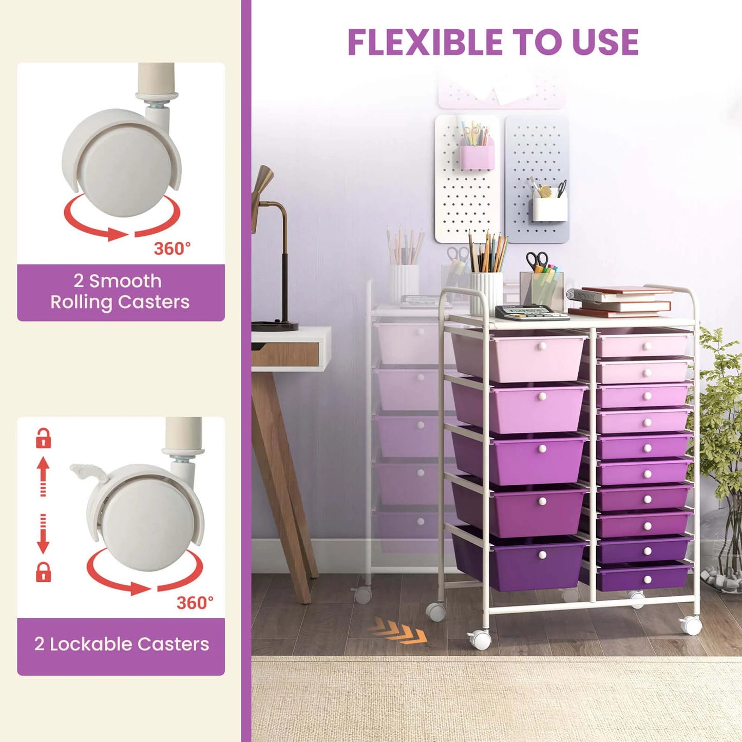 Costway 15 Drawer Rolling Storage Cart Tools Scrapbook Paper Office School Organizer White