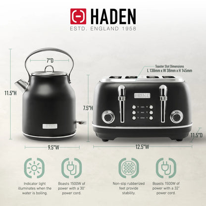 Haden Heritage 1500 1.7 Electric Kettle, Matte Black Finish with Copper Accents