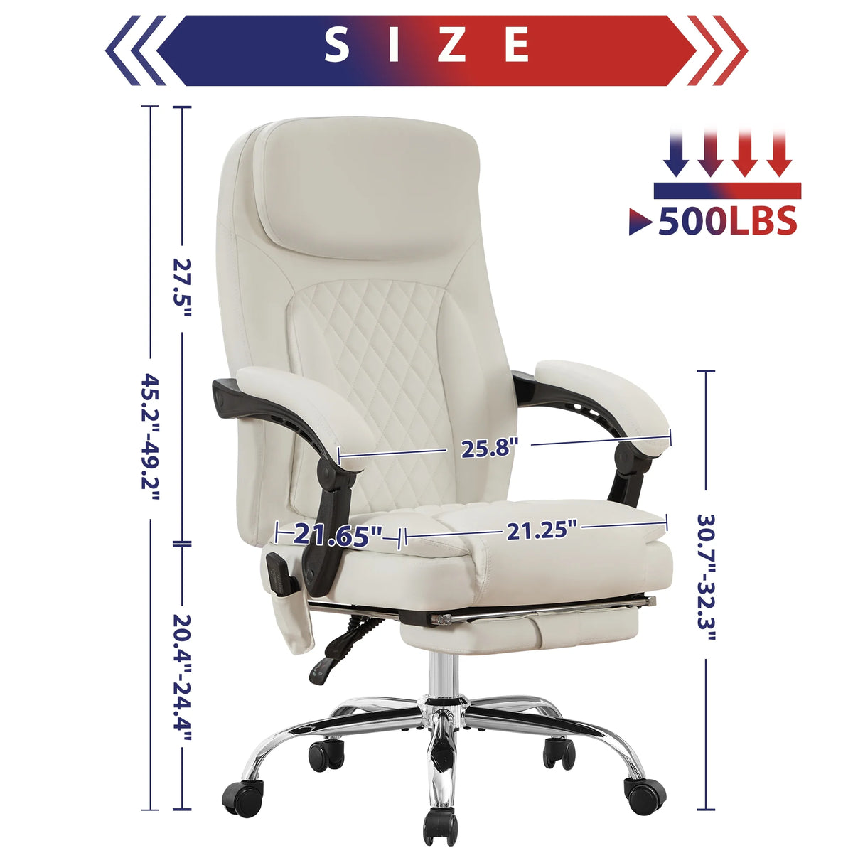 JONPONY Big and Tall Office Chair 500LBS Executive Office Chair Massage and Footrest Ergonomic Computer Desk Chair Reclining High Back Leather Office Chair Lumbar Back Support Swivel Rolling,Black