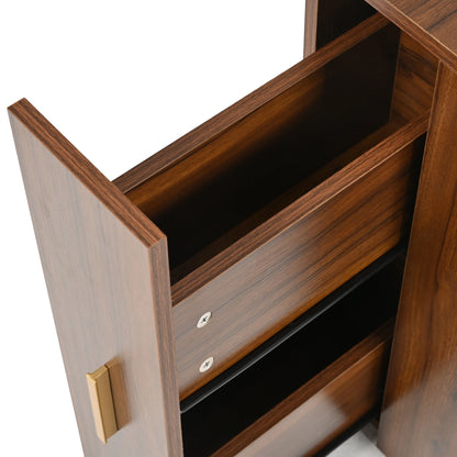 MODERNLUXE Corner Makeup Vanity Desk with Folding Mirror and Lights,Modern Vanity Set with 1 Stool,2 Drawers and 3 Shelves for Bedroom,Women, and Girls,Walnut
