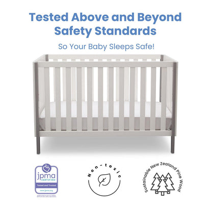 Delta Children Milo 3-in-1 Convertible Crib. Greenguard Gold Certified. Bianca White/Grey