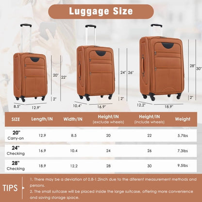 Softside Luggage Expandable 3 Piece Set Suitcase Upright Spinner Softshell Lightweight Luggage Travel Set