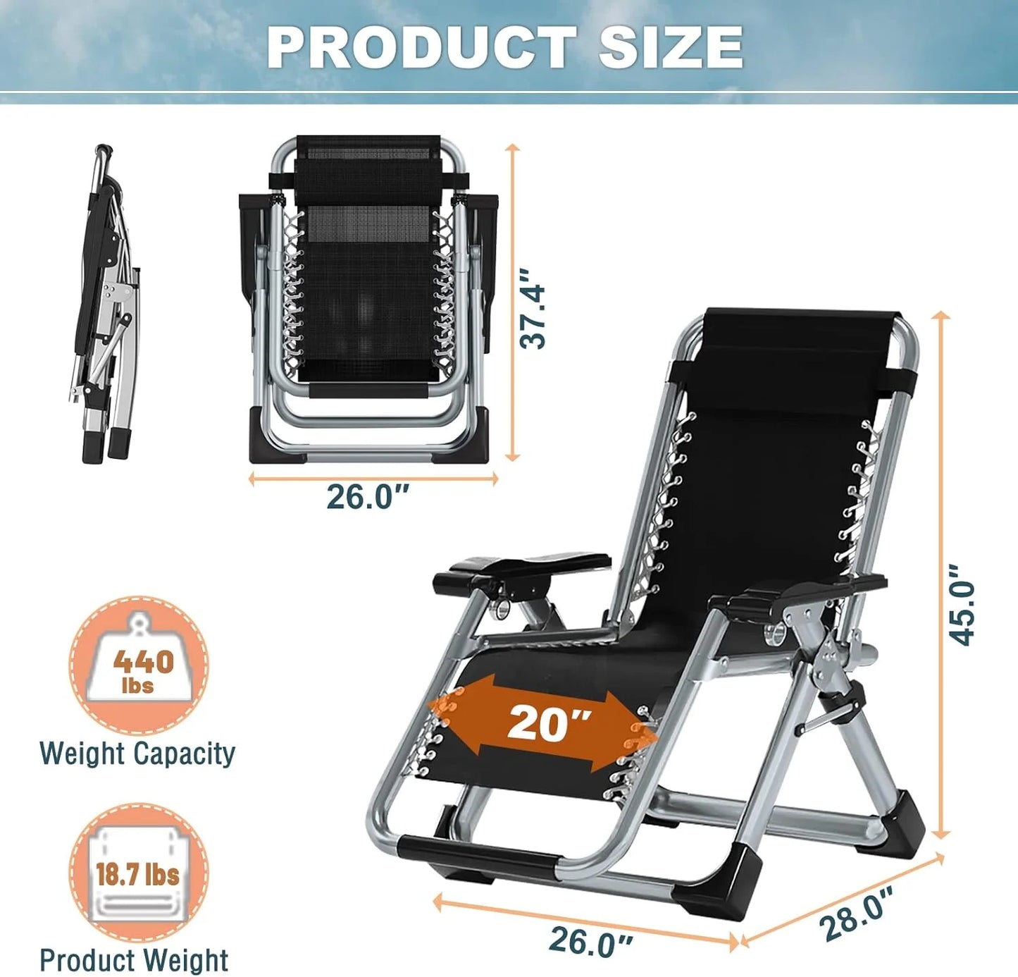 NAIZEA 2 Pack Zero Gravity Chair, Foldable Portable Lawn Recliner with Cushion, Headrest, Cup Holder, Black