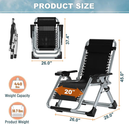 NAIZEA 2 Pack Zero Gravity Chair, Foldable Portable Lawn Recliner with Cushion, Headrest, Cup Holder, Black