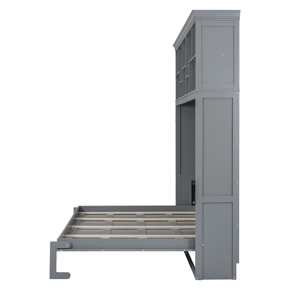 Queen Size Murphy Bed Wall Bed with Top Shelves & USB Charging, Space-Saving Cabinet Bed with Flexible Slats, Gray Modern Foldable Bed
