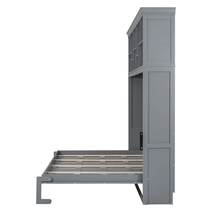 Queen Size Murphy Bed Wall Bed with Top Shelves & USB Charging, Space-Saving Cabinet Bed with Flexible Slats, Gray Modern Foldable Bed