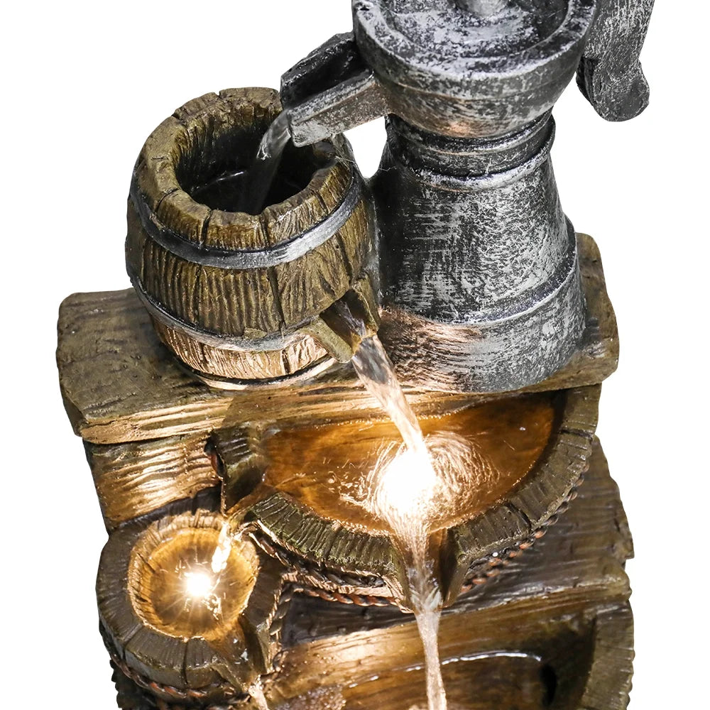 Outdoor Floor Rustic 5-Tiered Barrel and Pump Water Fountain for Garden and Patio Decor
