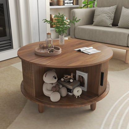RUMLIVE Round Coffee Table with Storage, 30.7" Modern Coffee Table with 360�� Curved Sliding Door, Fluted Wood Coffee Table with Footpads, Round Center Table for Living Room, Black