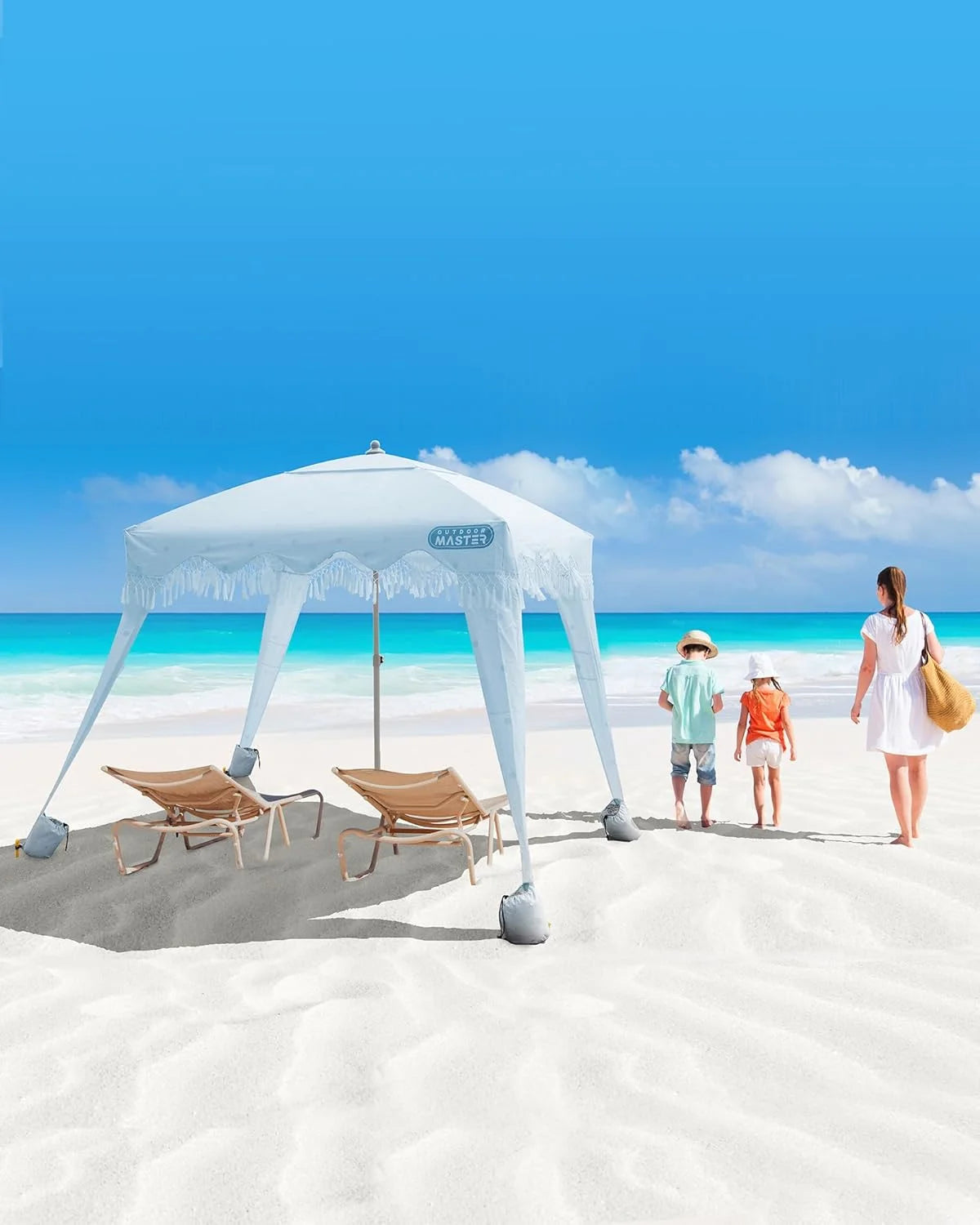 OutdoorMaster Beach Cabana with Fringe, Portable 6' x 6' Beach Canopy, Easy Set Up Beach Shelter, Included Side Wall, UPF 50+ UV Protection Sun Umbrella - for Kids, Family & Friends