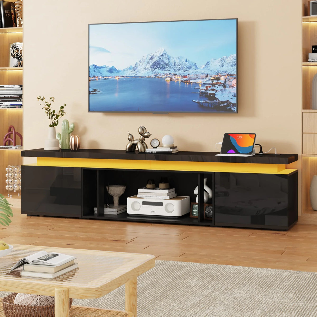 Blotout High Gloss LED TV Stand for up to 80" TVs /40" Electric Fireplace, 71" Large Entertainment Center Console Table with Power Charging Station