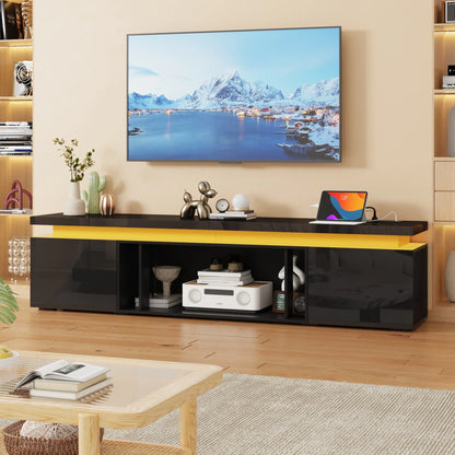 Blotout High Gloss LED TV Stand for up to 80" TVs /40" Electric Fireplace, 71" Large Entertainment Center Console Table with Power Charging Station
