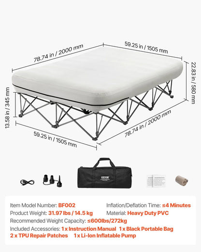 Queen Air Mattress with Frame & Built-in Pump – 2-Person Blow Up Camping Mattress Supports 600lbs – Elevated Inflatable Bed for Guests, Travel & Home Use – Quick Inflation/Deflation
