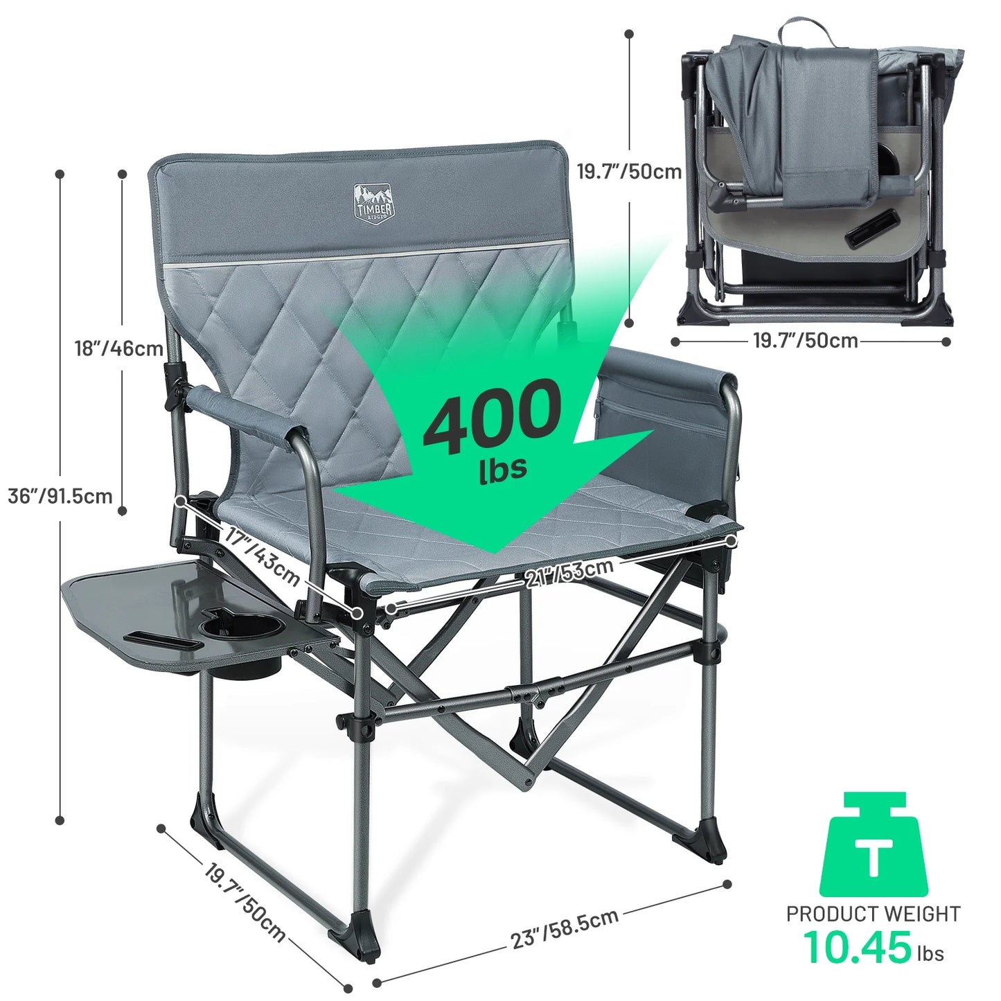 TIMBER RIDGE Portable Director Chair, Heavy Duty Camping Folding Chair with Compact Size with Side Pocket and Side Table, Support 400 lbs, Grey
