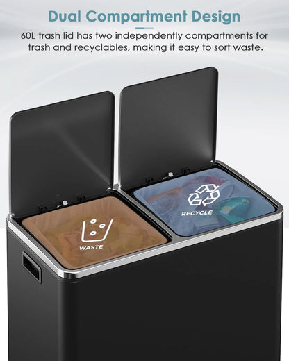 LAZY BUDDY Dual Garbage Can, Stainless Steel 16 Gallon Step Kitchen Trash Can with Soft-Close Lid, Double Compartment Garbage Recycling Bin