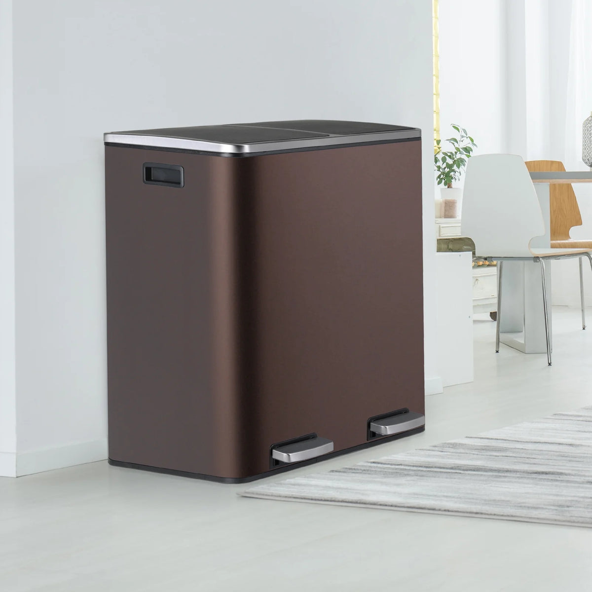 LAZY BUDDY Dual Garbage Can, Stainless Steel 16 Gallon Step Kitchen Trash Can with Soft-Close Lid, Double Compartment Garbage Recycling Bin