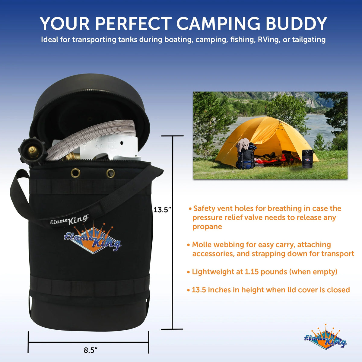 Flame King Gas Hauler Pro Kit - Insulated Protective Carry Case, 5lb Propane Tank with Built-in Gauge and 5-ft Adapter Hose for Camping and Outdoor Adventures