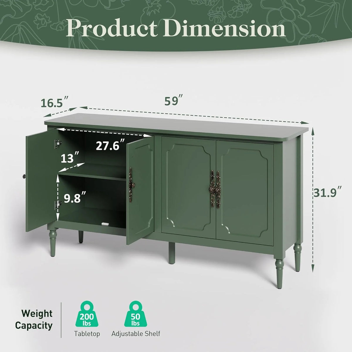 May in Color Console Cabinet, 58'' Wood Sideboard Buffet Cabinet with Storage & 4 Doors, Mid Century Modern Pantry Cabinet for Entryway, Living Room, Bedroom, Dining Room, Green