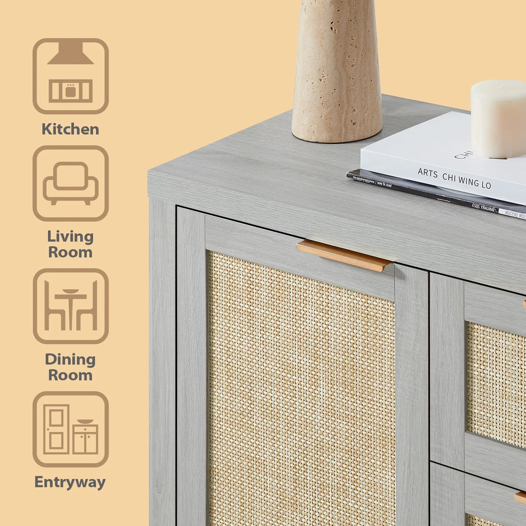 ARKANTOS Sideboards and Buffets, Boho Storage Cabinets with Rattan Doors and Drawers, Natural Oak