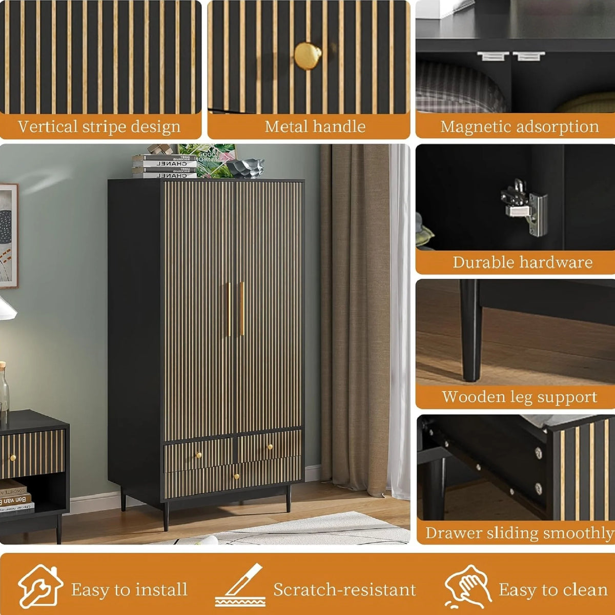 Armoire Wardrobe Closet with 2 Doors, Wardrobe Cabinet with Hanging Rod and Drawers, Wooden Closet for Bedroom, White