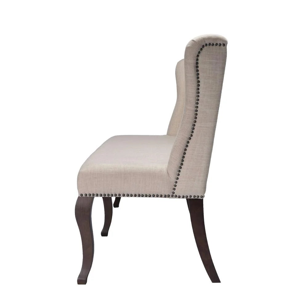 Cappuccino Wood Dining Bench Upholstered with Beige Linen Fabric