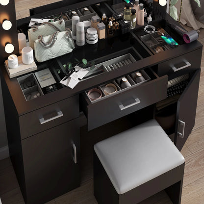 Ktaxon Large Makeup Vanity, Vanity Table Set w/ Visible Glass Top w/ Charging Station, White