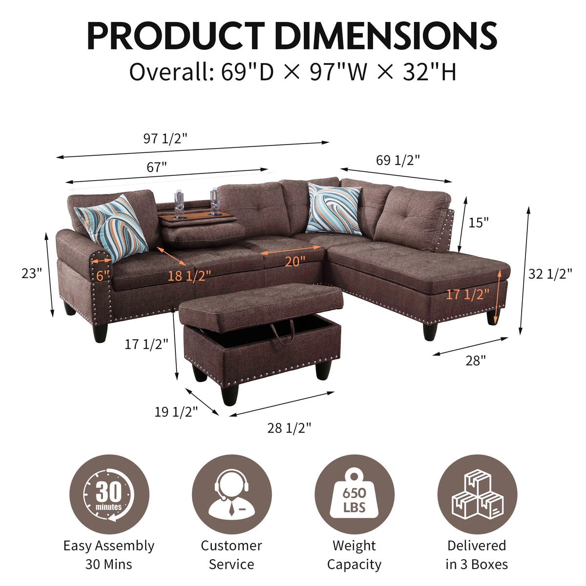 Aukfa 3 Piece Sectional Sofa, Living Room Couch with Storage Ottoman&Cup Holder, Linen, Right Hand, Purple