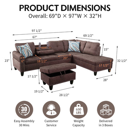 Aukfa 3 Piece Sectional Sofa, Living Room Couch with Storage Ottoman&Cup Holder, Linen, Right Hand, Purple