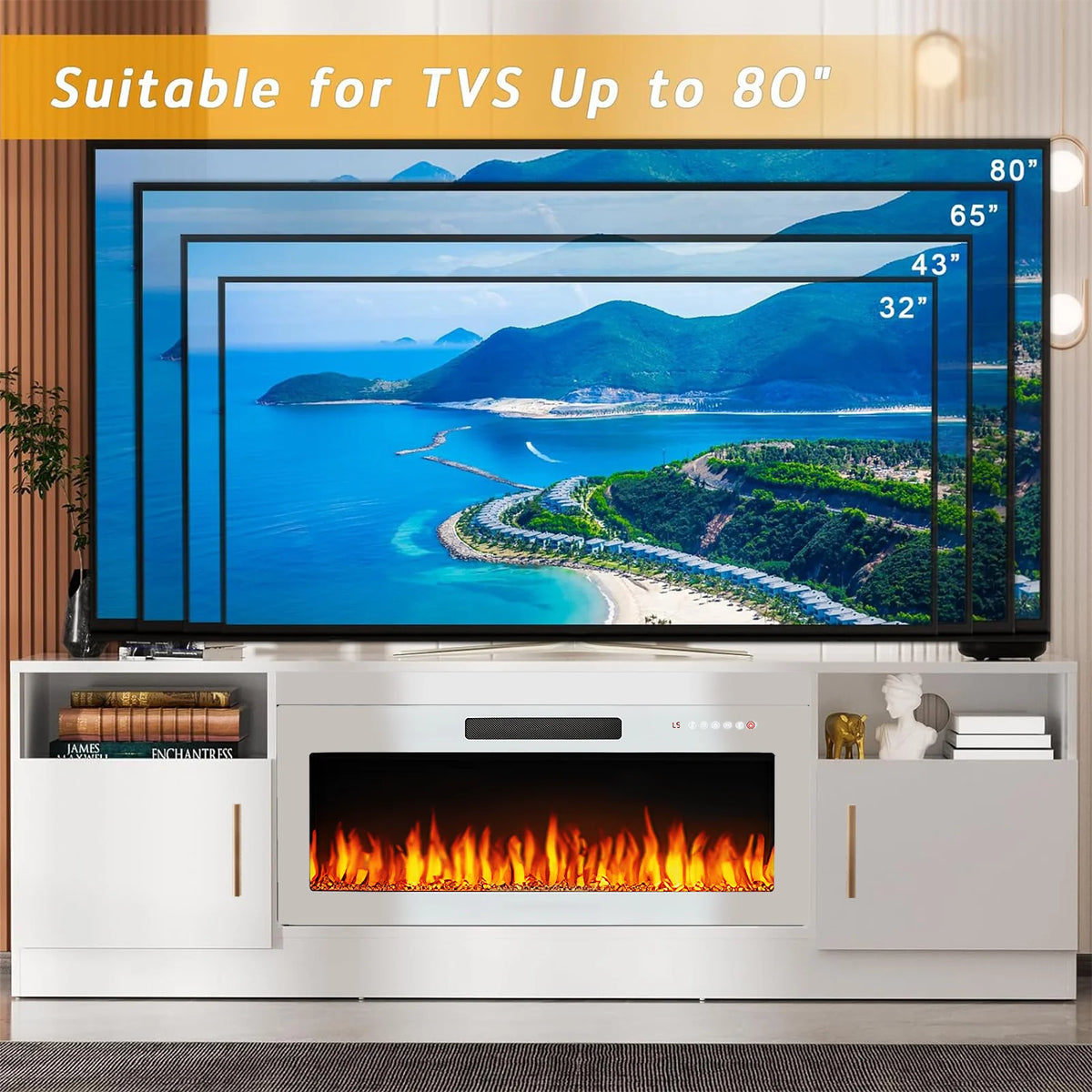Waleaf Fireplace TV Stand with 36" Electric Fireplace Up to 80" TVs, Modern Wood Media TV Console with Highlight Cabinet, White