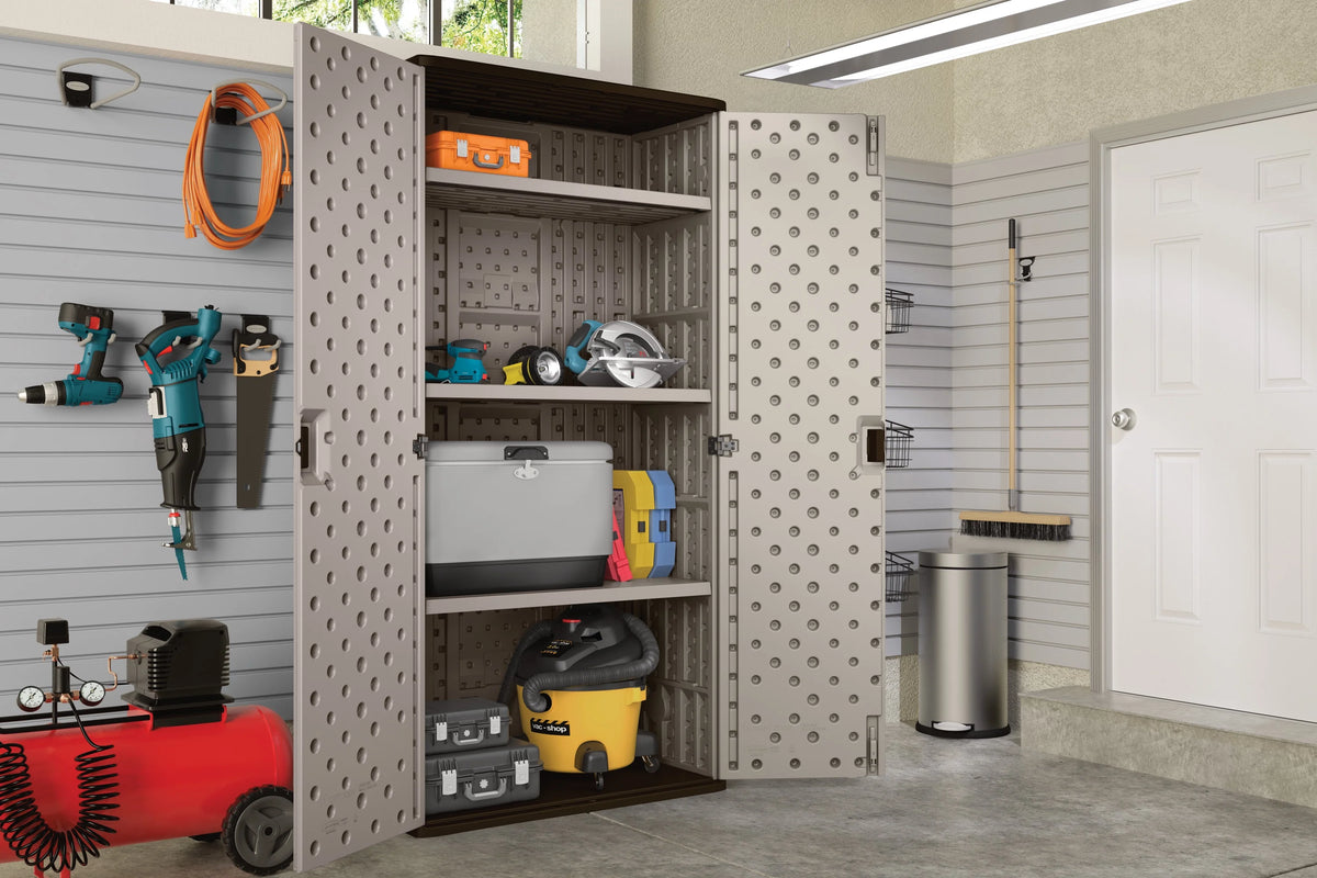 Suncast Mega Tall Resin Outdoor Storage Cabinet with 3 Shelves, Platinum Metallic