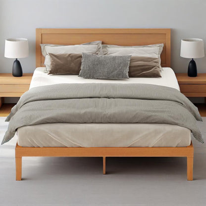 MCQ Full Size Wood Bed Frame, 12in Wooden Platform Bed Frame with Support Slats, No Spring Needed, Storage Space Under Base, Natural Pine