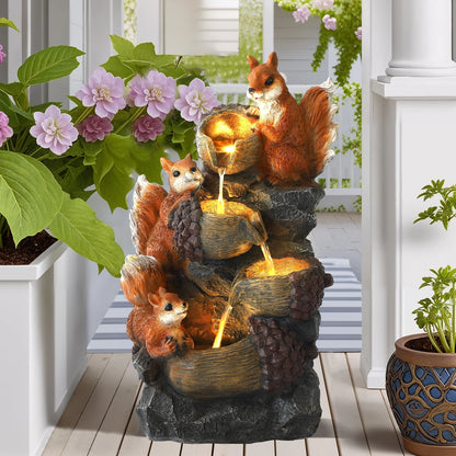 Magic Union Outdoor Water Fountain, Waterfall Indoor Outside Cascading Rock Fountain Garden Decor with Squirrels Decorations, 3 Pinecone-Shaped Rocks Patio Resin Fountains for Yard, Porch and Home