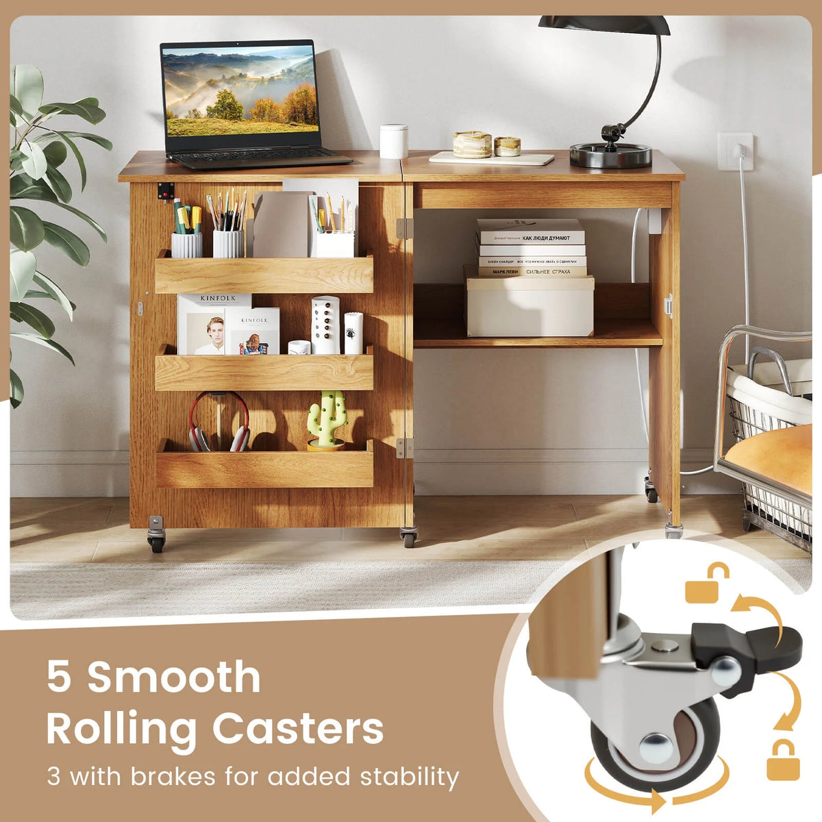Costway Folding Sewing Table Rolling Craft Station with 3 Storage Bins & Charging Station Natural