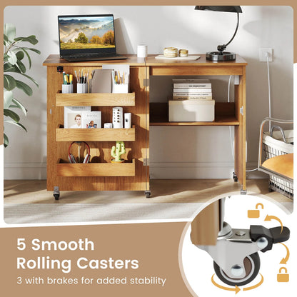 Costway Folding Sewing Table Rolling Craft Station with 3 Storage Bins & Charging Station Natural