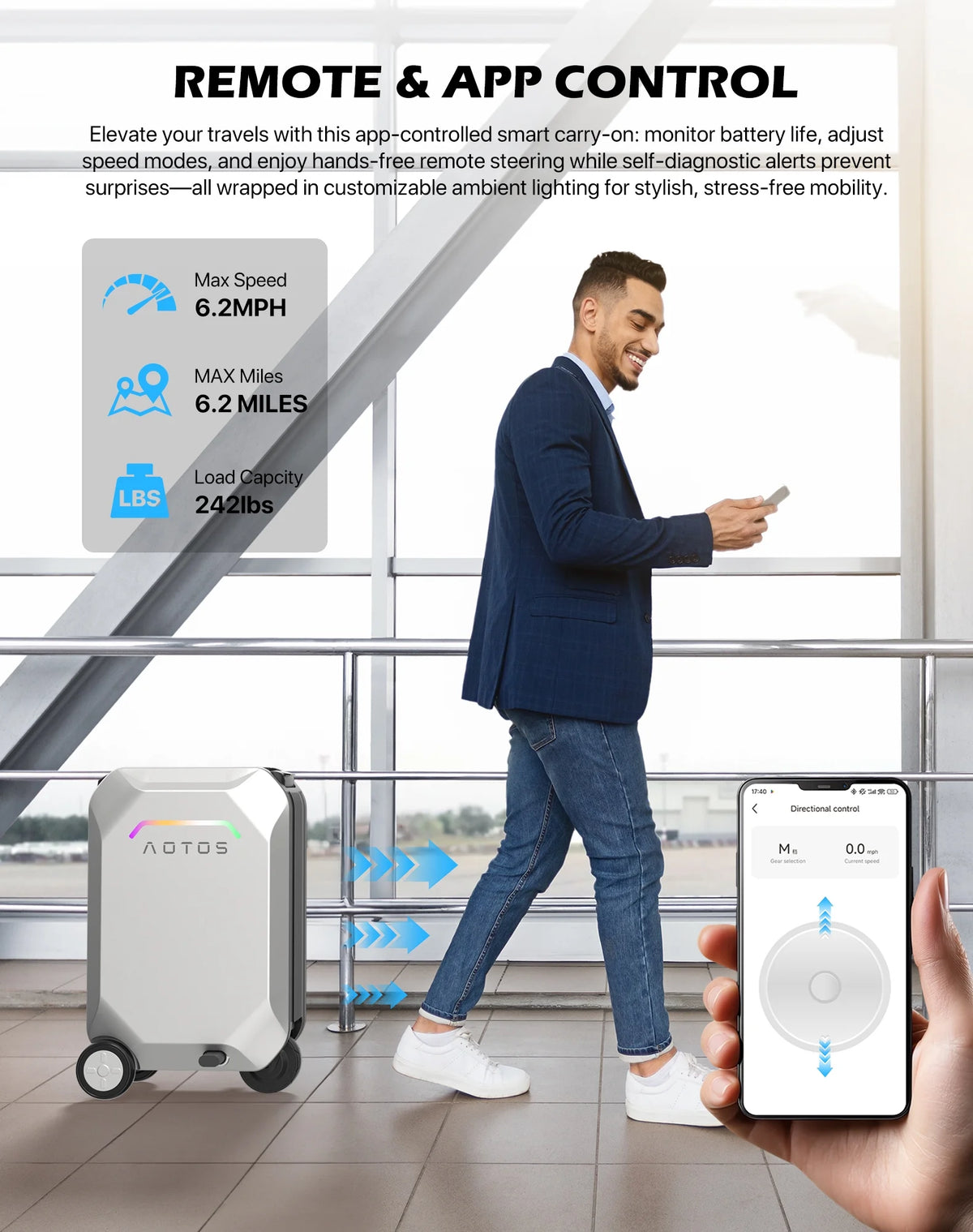 L2-S Smart Rideable Luggage, Foldable Electric Scooter Suitcase, 6.2 mph Max Speed, 6.2-Mile Range, Lightweight Portable Design for Travel & Commute