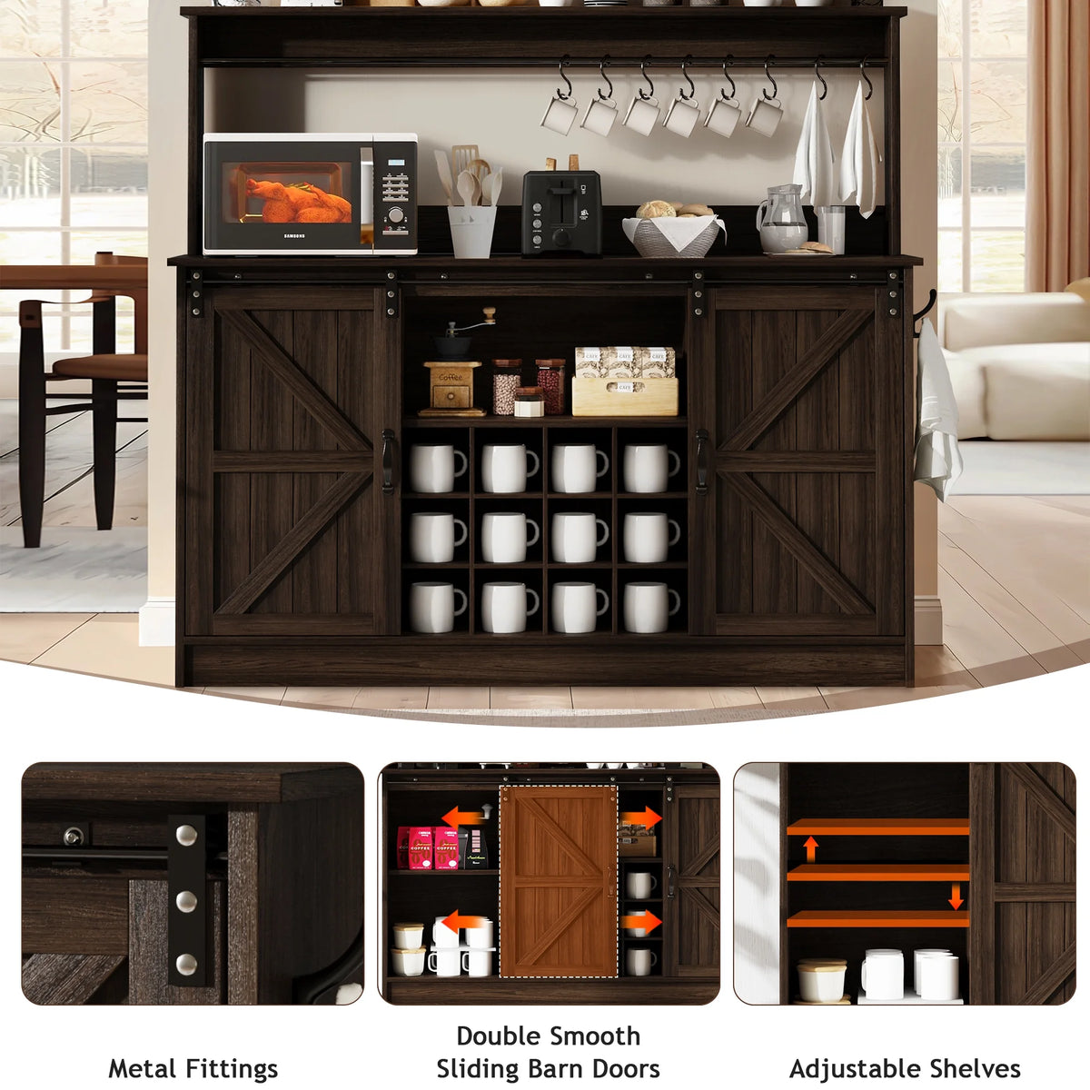 DreamCurship 55" Farmhouse Coffee Bar Cabinet, Buffet Sideboard Storage Cabinet, Wine Bar Cabinet with Wine Rack, White